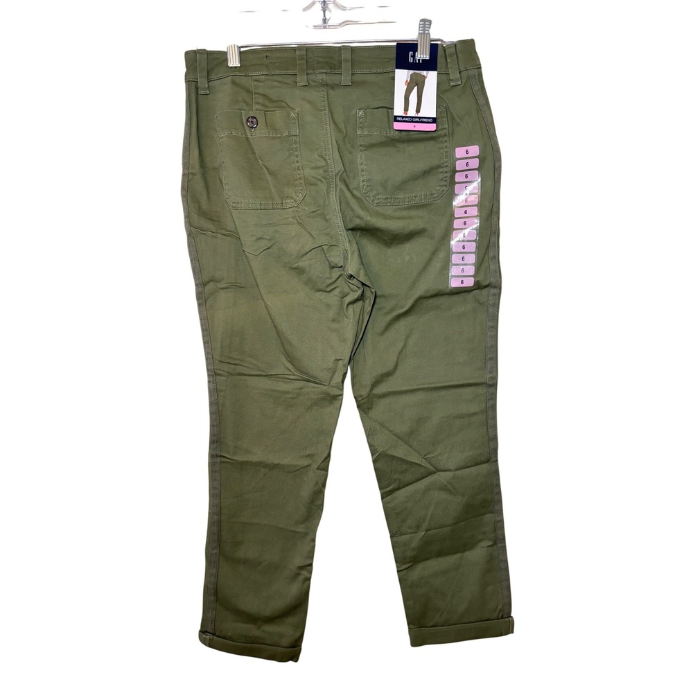 Gap Relaxed Girlfriend Chino Pants Womens 6 Olive Green Cuffed Mid Rise New - Picture 2 of 10